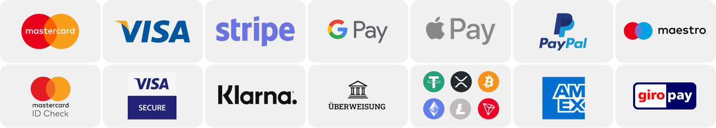 Zahlungsmethode-Logos StudiBucht akzeptiert folgende Zahlungsmittel: Mastercard, Google Pay, Visa, Apple Pay, Überweisung, Kryptowährung, usw.
