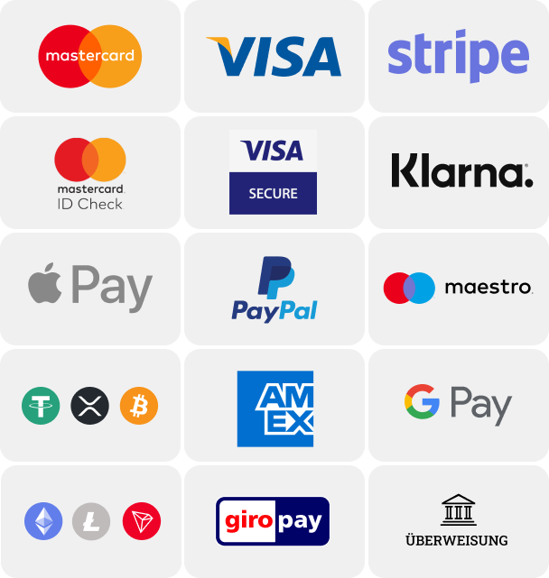 Zahlungsmethode-Logos StudiBucht akzeptiert folgende Zahlungsmittel: Mastercard, Google Pay, Visa, Apple Pay, Überweisung, Kryptowährung, usw.